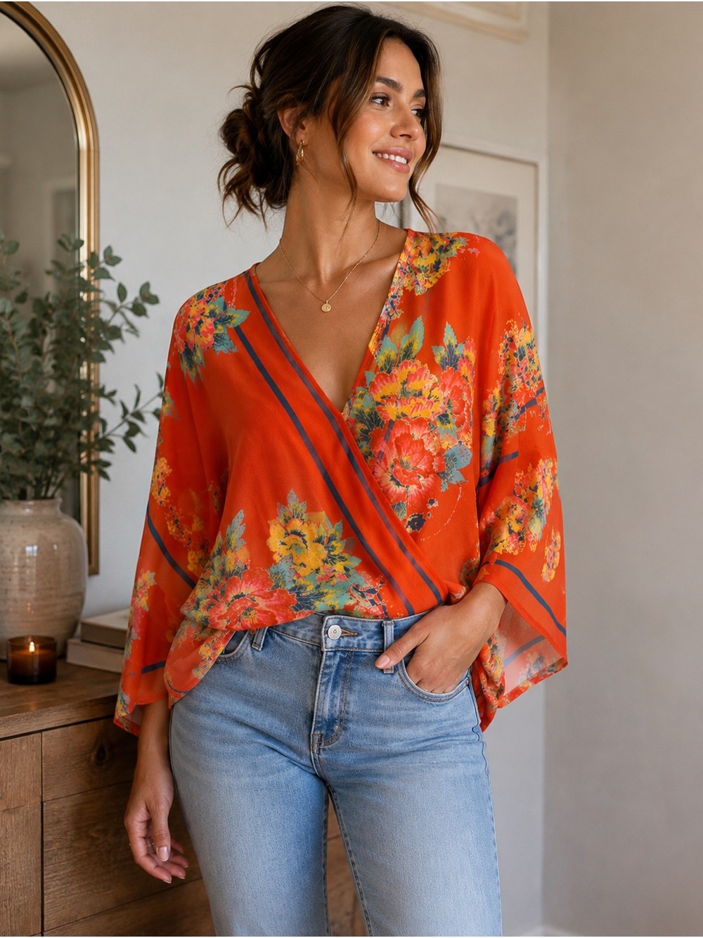 Flying Tomato Orange Floral Wrap Blouse